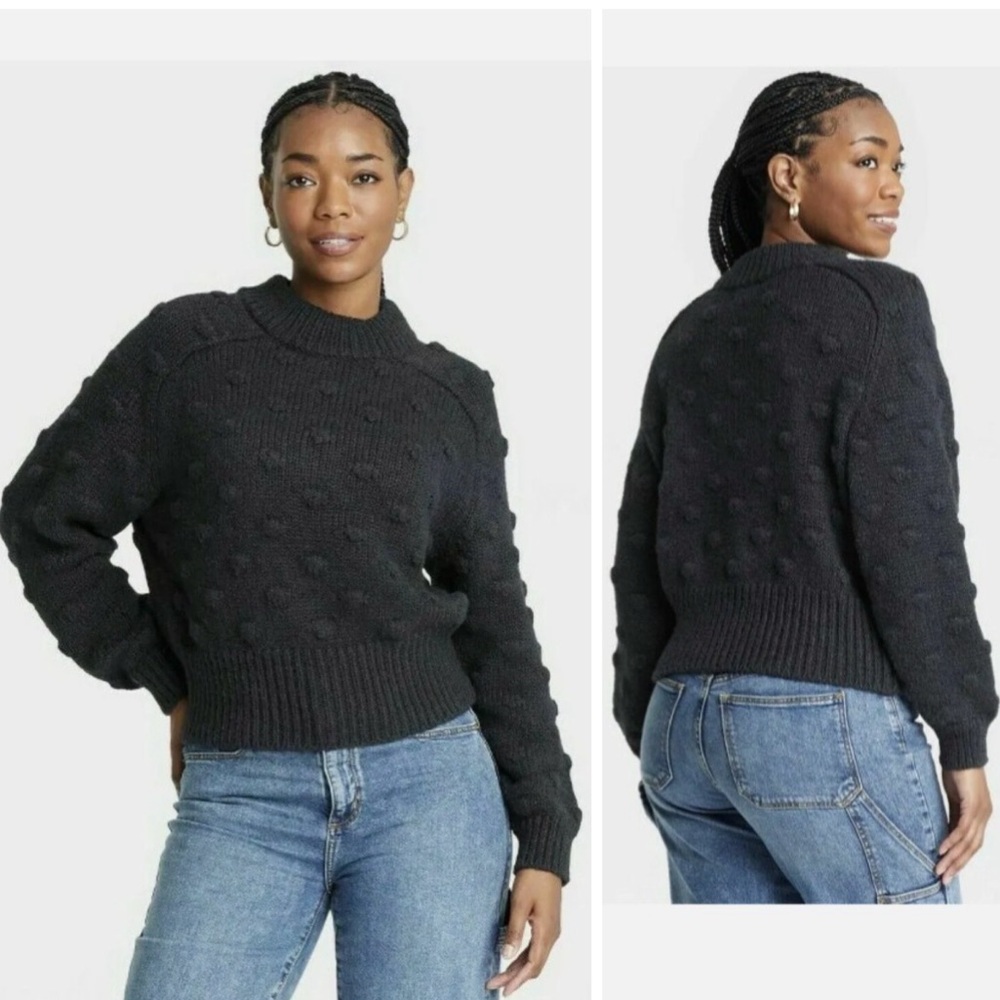 Universal Thread Black Crewneck Polka Dot Bobble Sweater